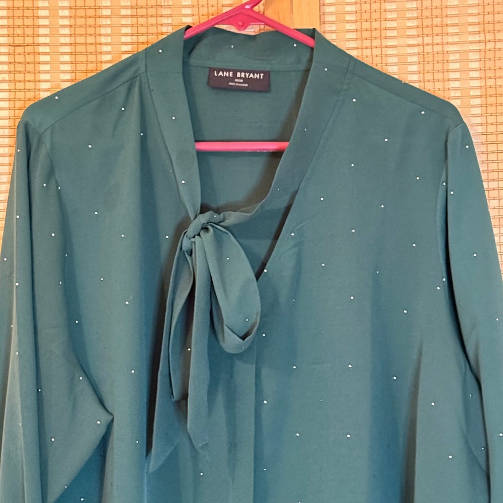 Lane Bryant Green Tie Neck Micro Dot Blouse Long Sleeve Top Womens 18/20 Y2K - Picture 2 of 8